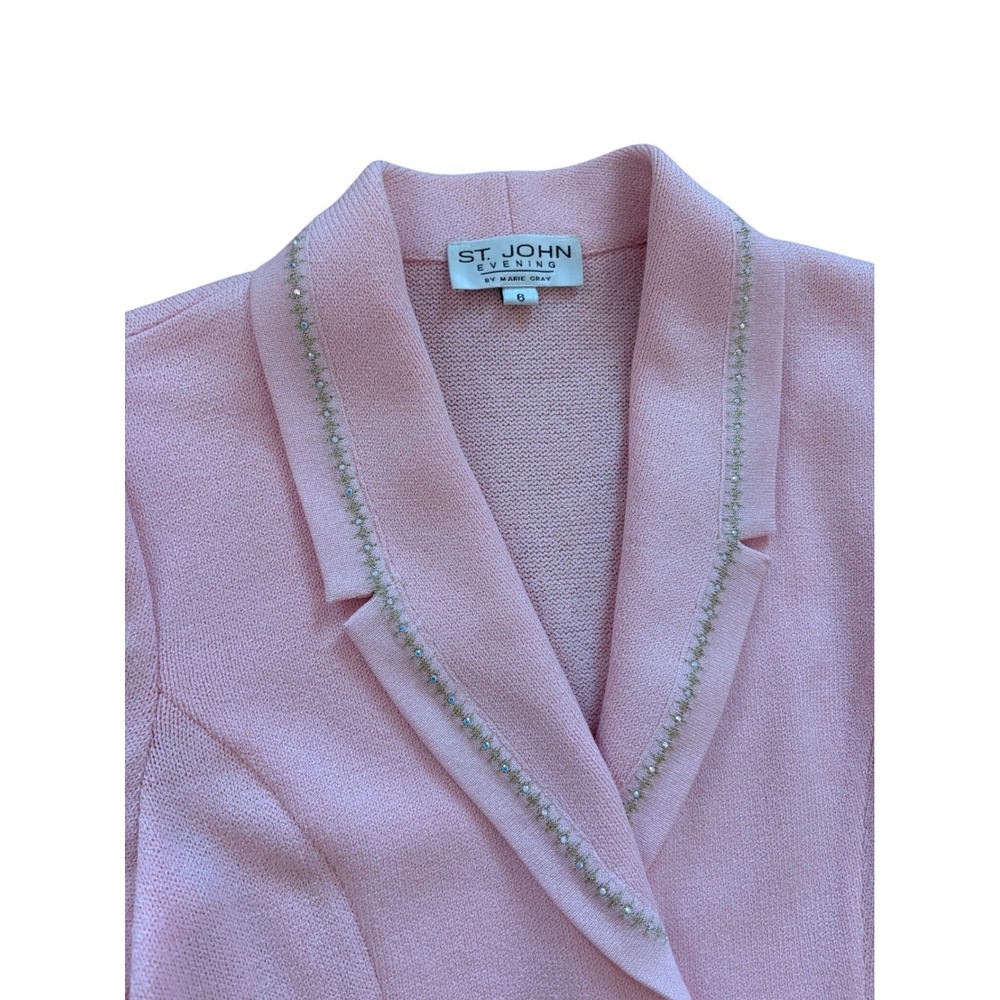 St. John Evening Marie Gray Pink Knit Skirt Suit Rhinestone Trim Blazer Set 6 - Picture 10 of 13